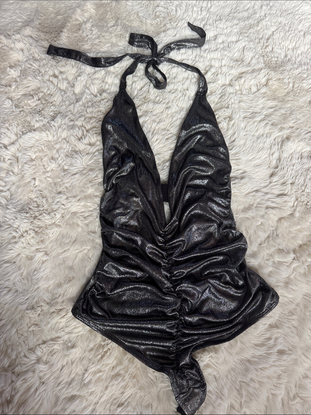 Vintage Metallic Black Super low and Sexy Halter One-Piece Bodysuit